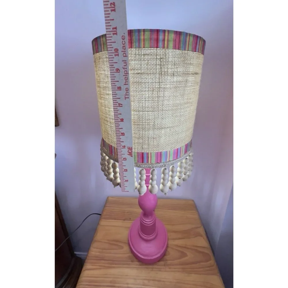 Custom Lamp Tall Burlap Shade Wood Beads Pink Unique Designer 25